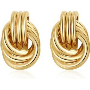 Gold Chunky Knot Statement Earrings Drop Dangle Lightweight Hypoallergenic